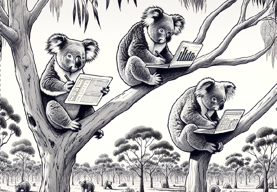 Koalas at work. Generated with Copilot